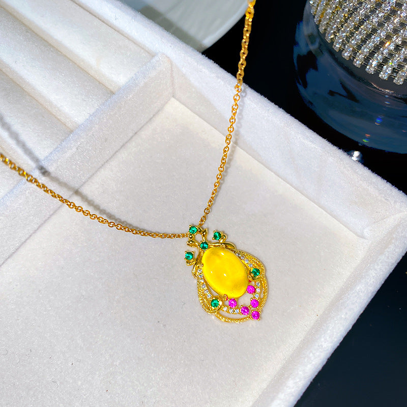Vintage Sweet Geometric Heart Cubic Zirconia Gemstone Plated Titanium Steel Necklace with Brass Pendant Cable Chain