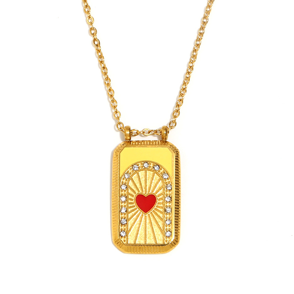 Vintage Elegant Geometric Square Stainless Steel Gold Plated Drip Oil Tarot Pendant Necklace for Women