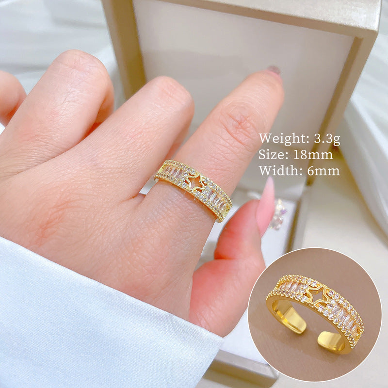 Sweet Minimalist Gold Plated Brass Crown Rhinestone Adjustable Ring for Women and Couples
