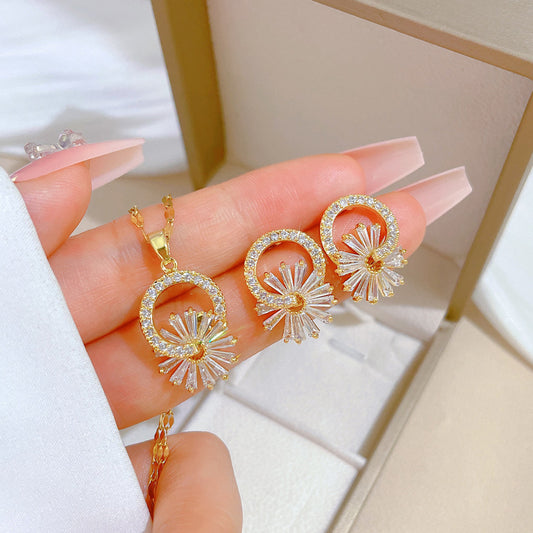 Titanium Steel Flower-Shaped Micro-Pave Necklace and Earrings Set for Women Luxury Geometric Design Elegant Party Jewelry