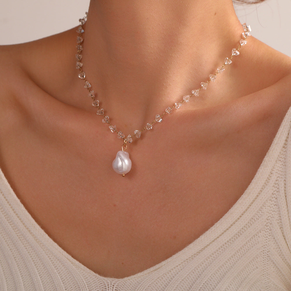 Sweet Teardrop Floral Pearl Pendant Titanium Steel Necklace for Women and Men