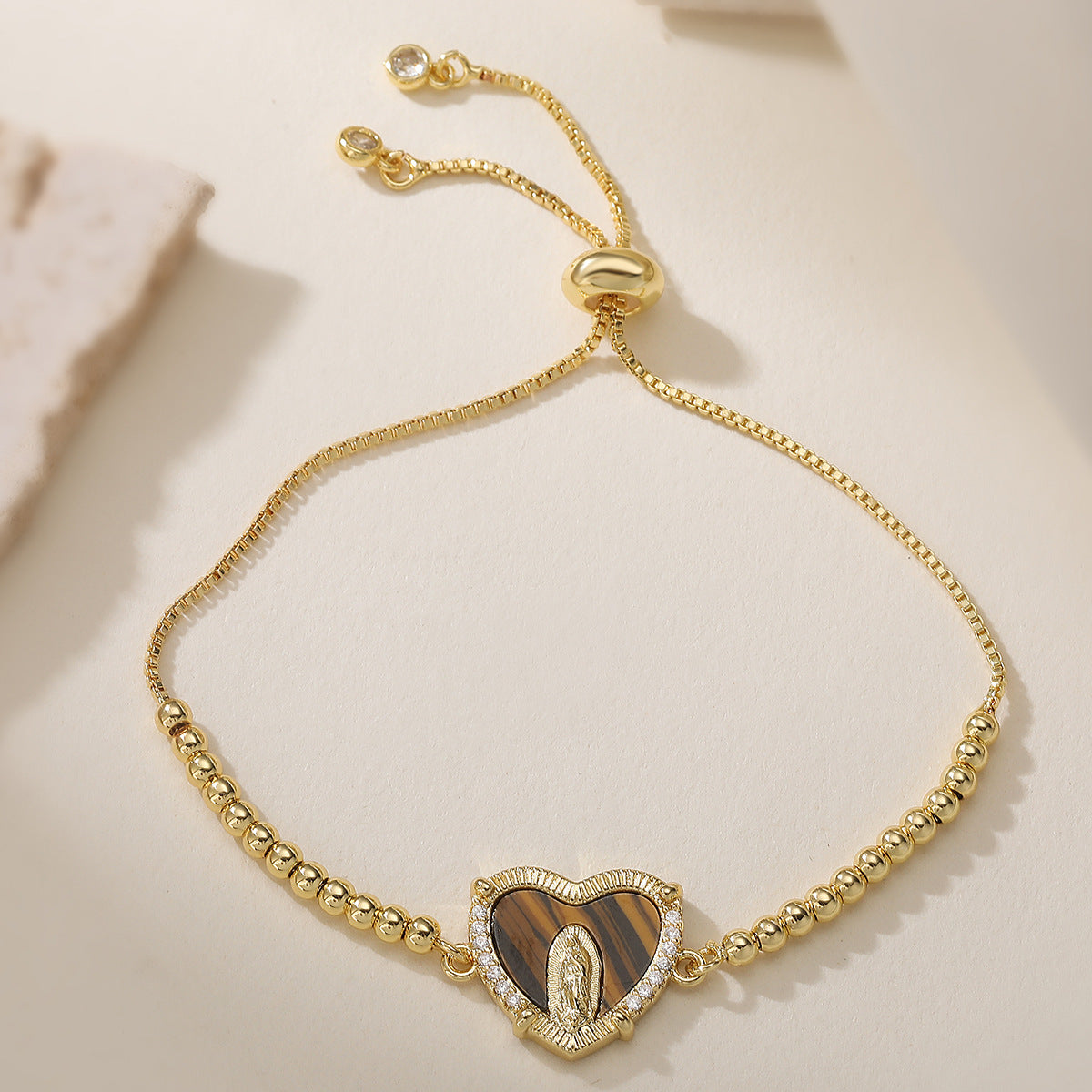 Gold Plated Brass Heart Bracelet with Cubic Zirconia and Virgin Mary Charm for Women