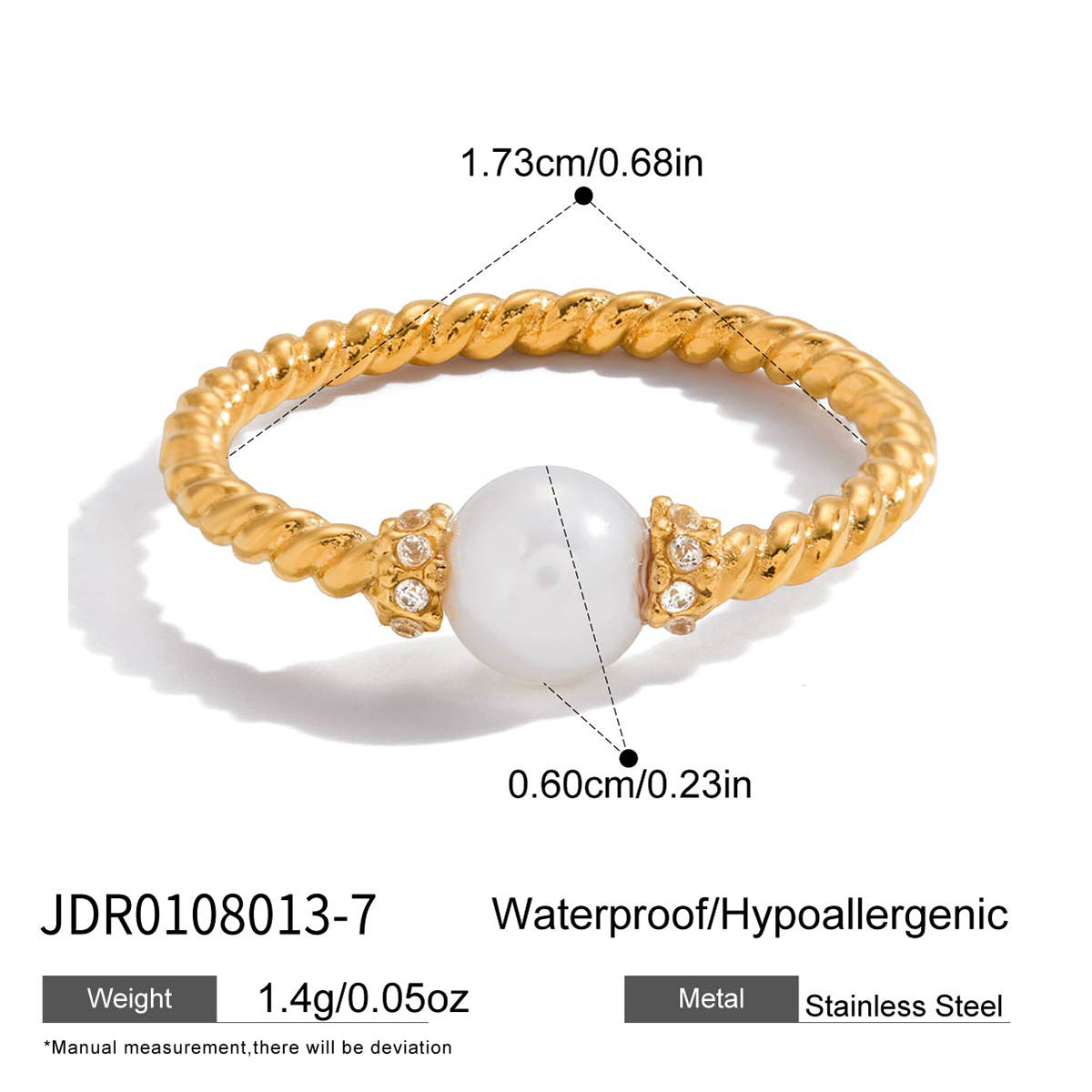 Anillo geométrico de acero inoxidable con detalles de circonita y perlas chapado para mujer, accesorio de moda de lujo
