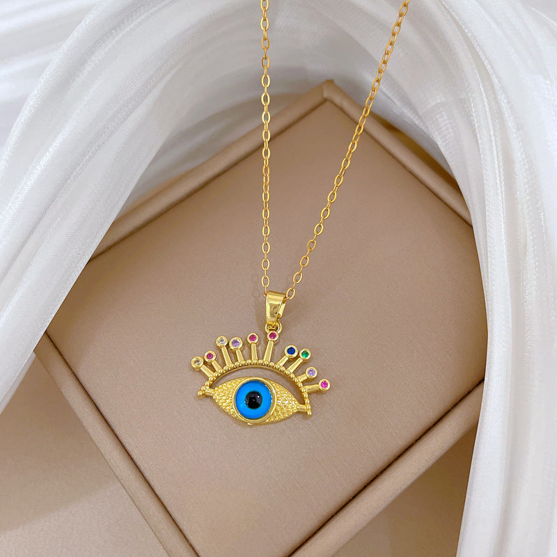 Sweet Elegant Colorful Eye and Eyelash Geometric Rhinestone Pendant Necklace Titanium Steel Cable Chain for Unisex