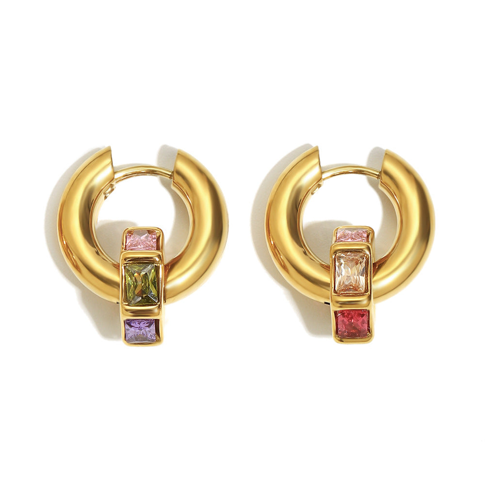 Orecchini Minimalisti Geometrici da Donna in Acciaio Inox con Placcatura in Oro 18K e Intarsio di Strass Colorati