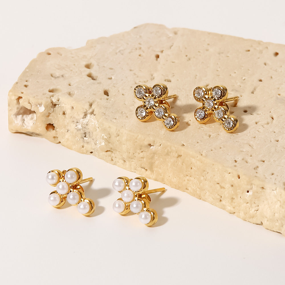 Minimalist Geometric Stainless Steel Cross Stud Earrings with Rhinestone Inlay for Women