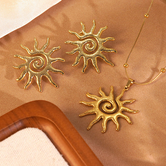 Vintage Luxury Hollow Sun Stainless Steel Plated Necklace and Earring Set for Women