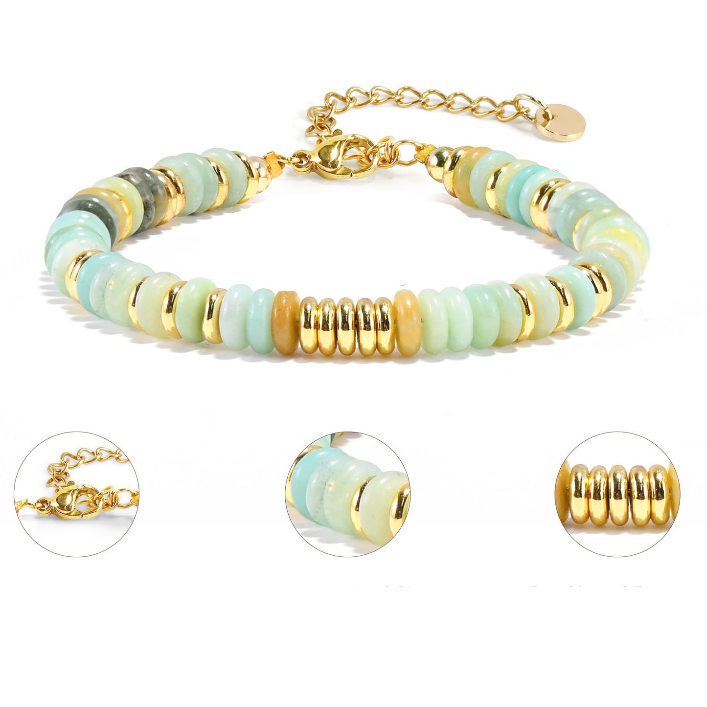 Fashion Geometric Round Natural Gemstone Beaded Bracelet with Gold Spacers and Lobster Clasp Adjustable Unisex Jewelry