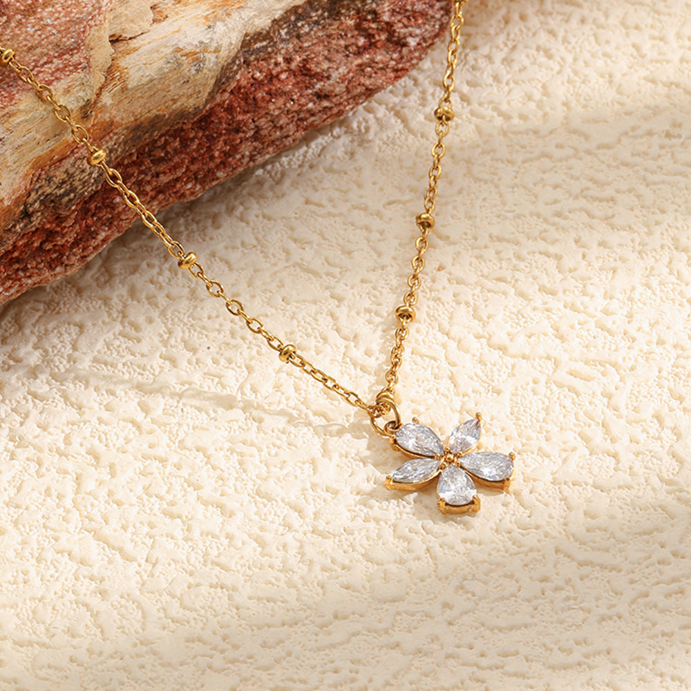Elegant Luxury Floral Stainless Steel Plated Necklace with Cubic Zirconia Ball Chain for Women