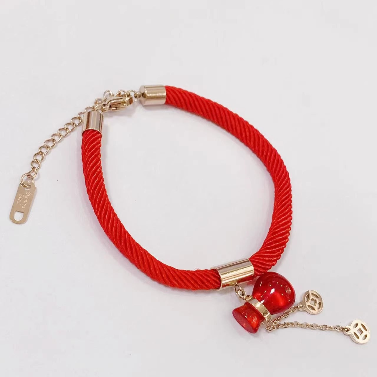 Bracciale Originale in Lega di Ottone Placcato Oro Rosa a Foglia con Cordino Rosso per Donna e Uomo