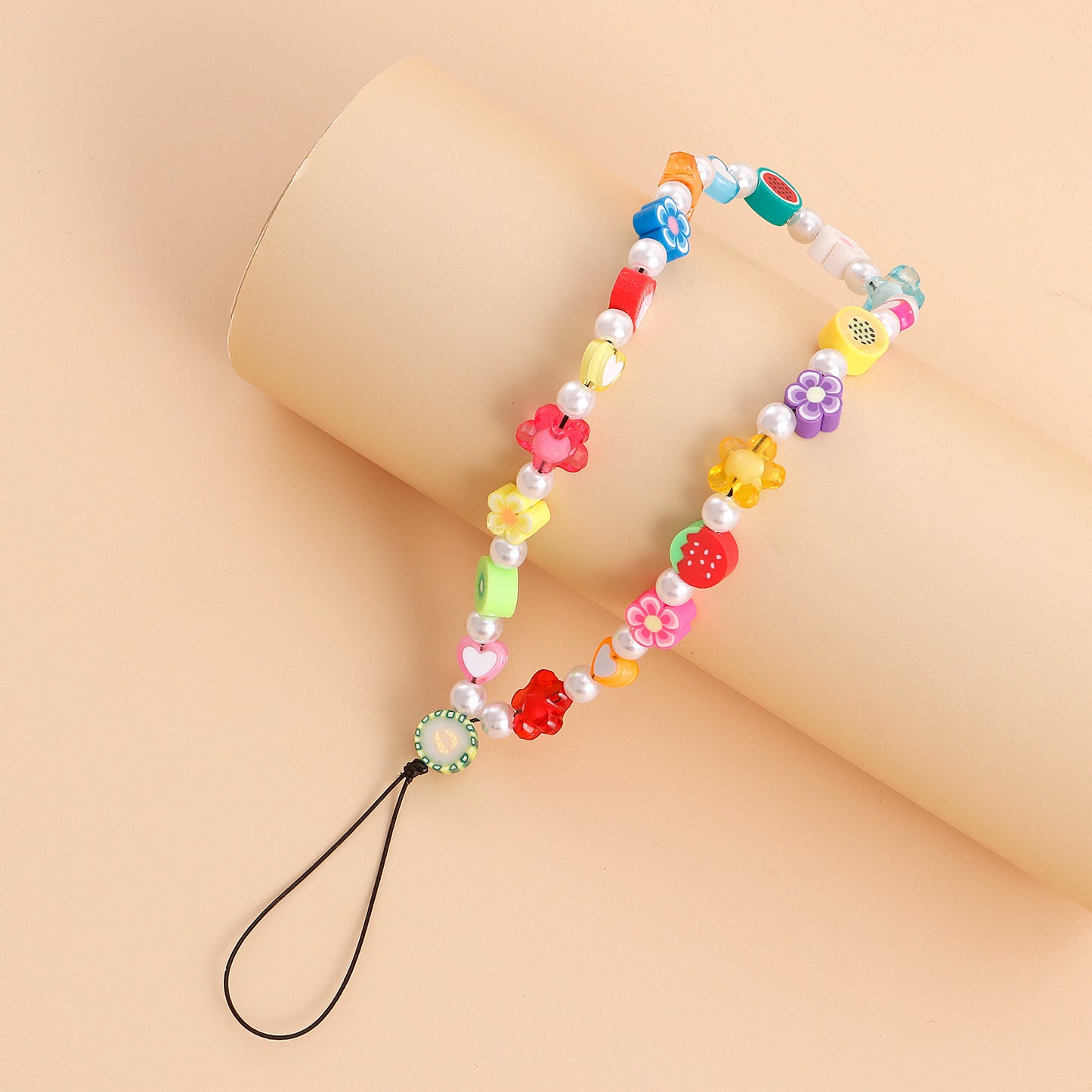 Cordón minimalista con cuentas de arcoíris para teléfono con dije de corazón para mujer, colgante acrílico, cadena chapada