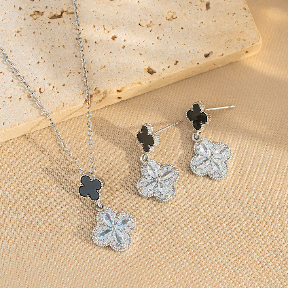 Elegant Four-Leaf Clover Earrings in Titanium Steel with Rhinestone Inlay for Women