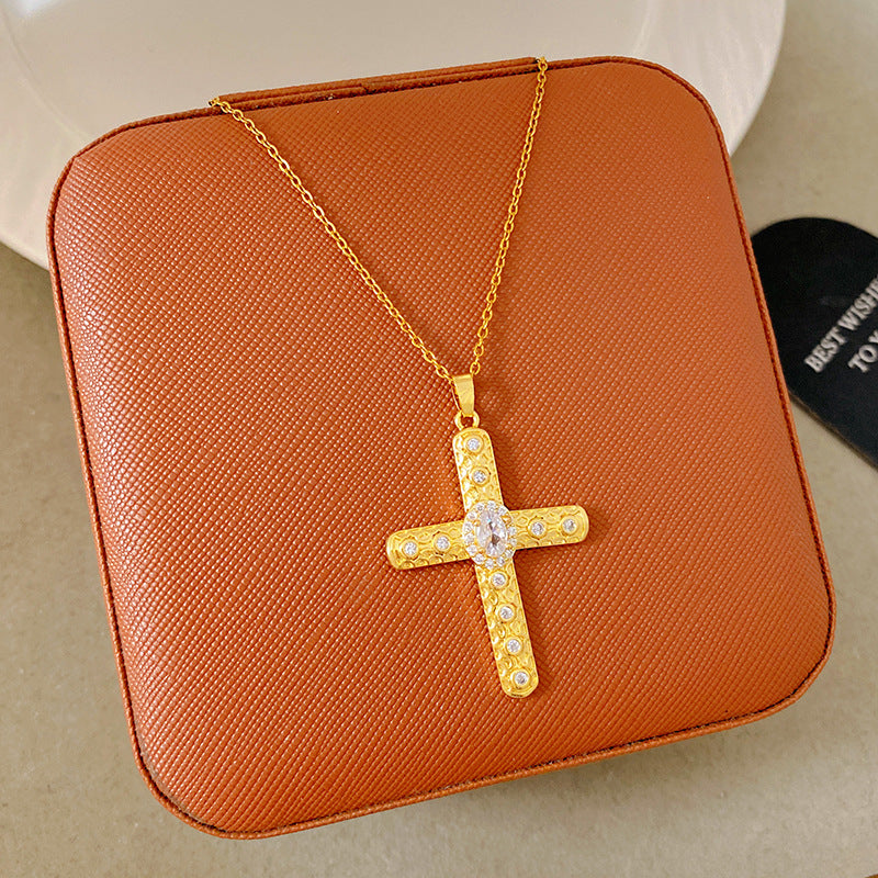 Sporty Sweet 18K Gold Plated Cross Titanium Steel Necklace with Cubic Zirconia for Women