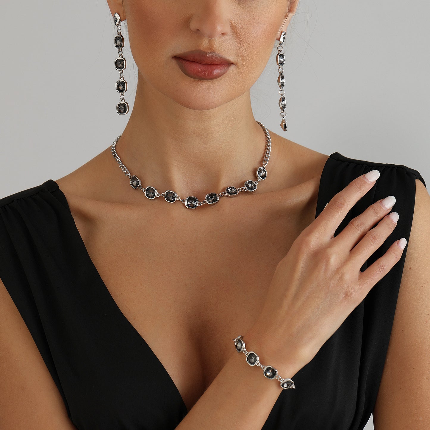 Luxury Elegant Geometric Square Rhinestone Plated Alloy Necklace Earrings Set