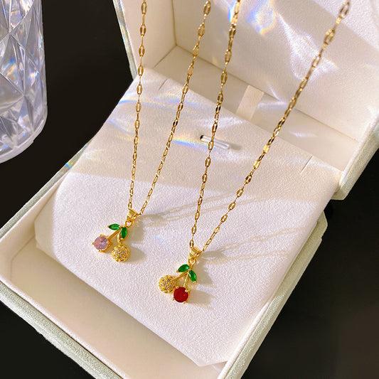 Sporty Sweet Gold Plated Brass Cherry Pendant Titanium Steel Necklace for Unisex
