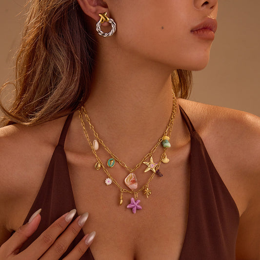 Fashionable Geometric Stainless Steel Necklace with Seashell and Natural Stone Pendant for Women