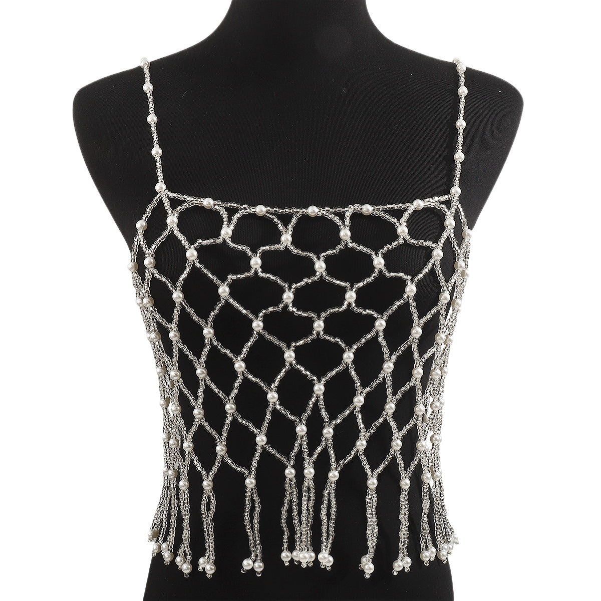 Elegante cadena corporal de moda con abalorios de perlas de imitación y diseño geométrico para mujer