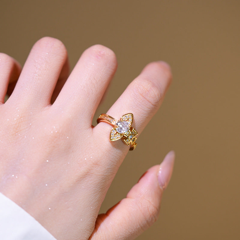 Luxury Minimalist Adjustable Open Ring for Women with Gold-Plated Copper Band and Zircon Stone Accent in Heart and Floral Shape