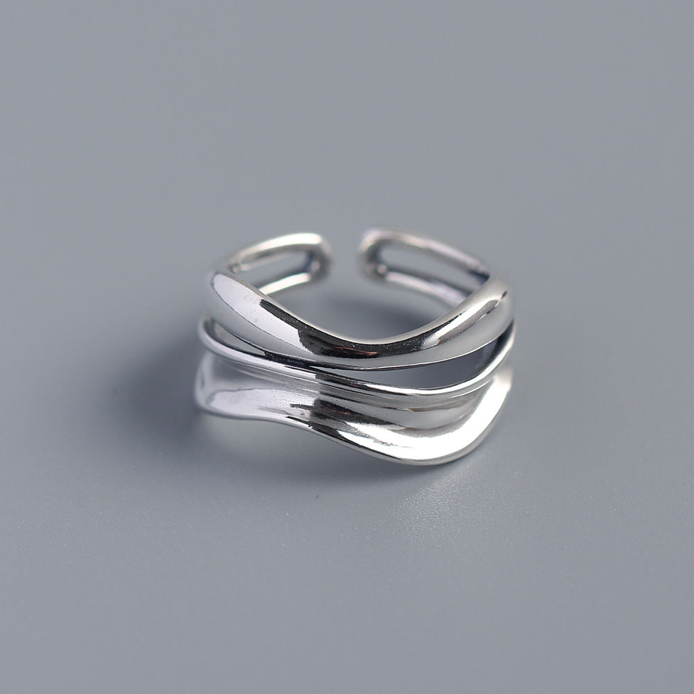 S925 Sterling Silver Women's Geometric Ring Double Layer Irregular Open Ring Fashion Jewelry