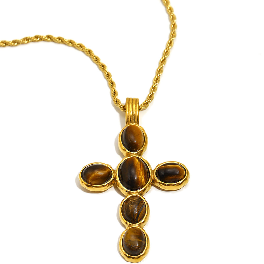 Minimalist Oval Tiger Eye Cross Necklace in Stainless Steel with 18K Gold Plating for Women