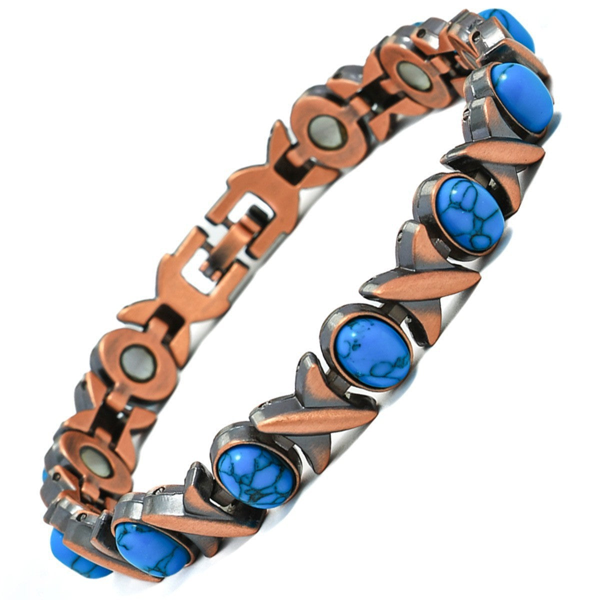 Vintage Brushed Zinc Alloy Heart Geometric Turquoise Magnetic Bracelet Unisex