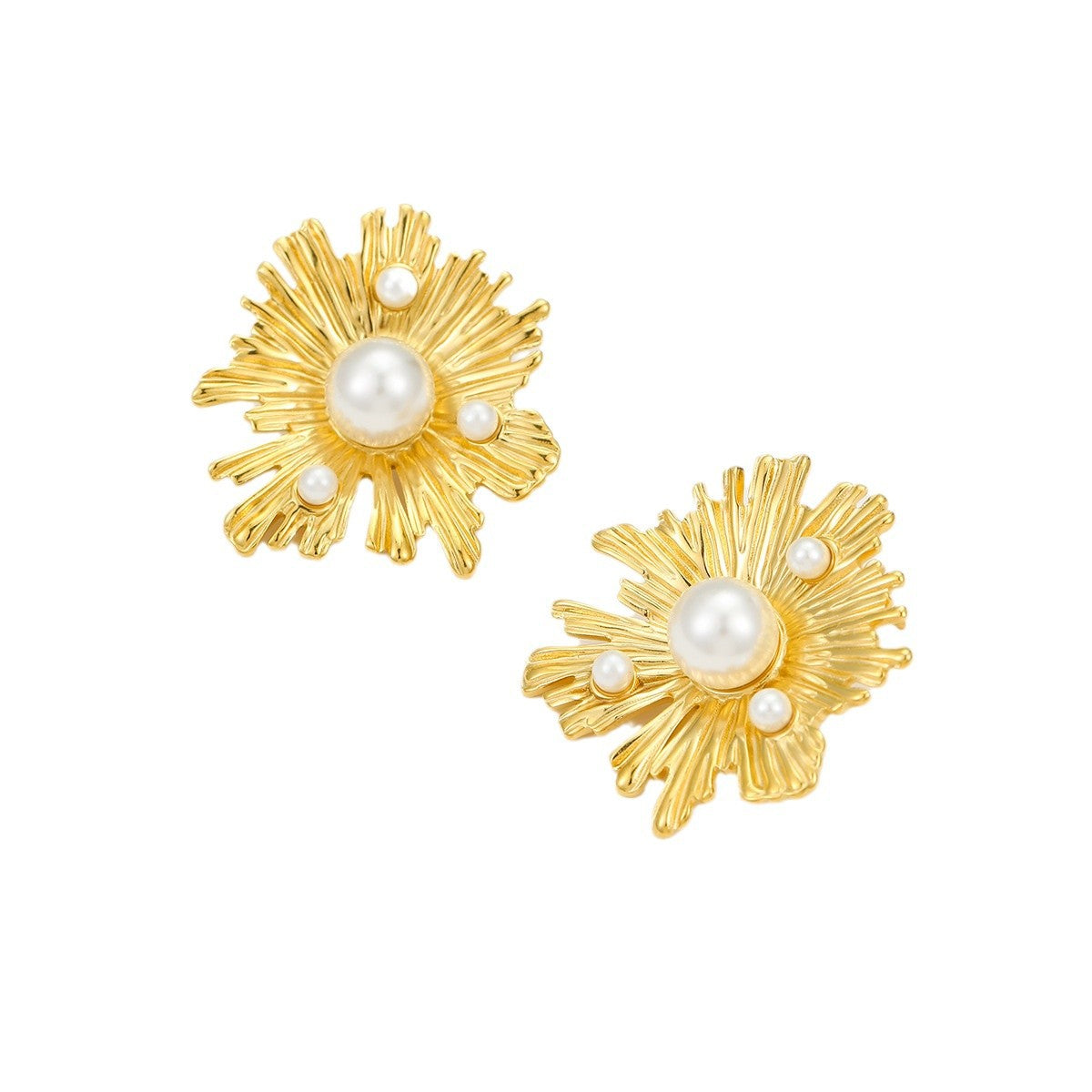Vintage-Style Irregular Petal-Shaped Stainless Steel Ear Studs with Pearl Inlay for Women