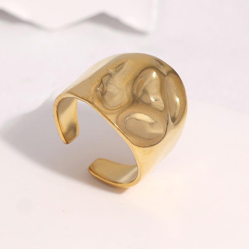 Punk Streetwear Gold Plated Hammered Textured Adjustable Wide Band Stainless Steel Ring for Women