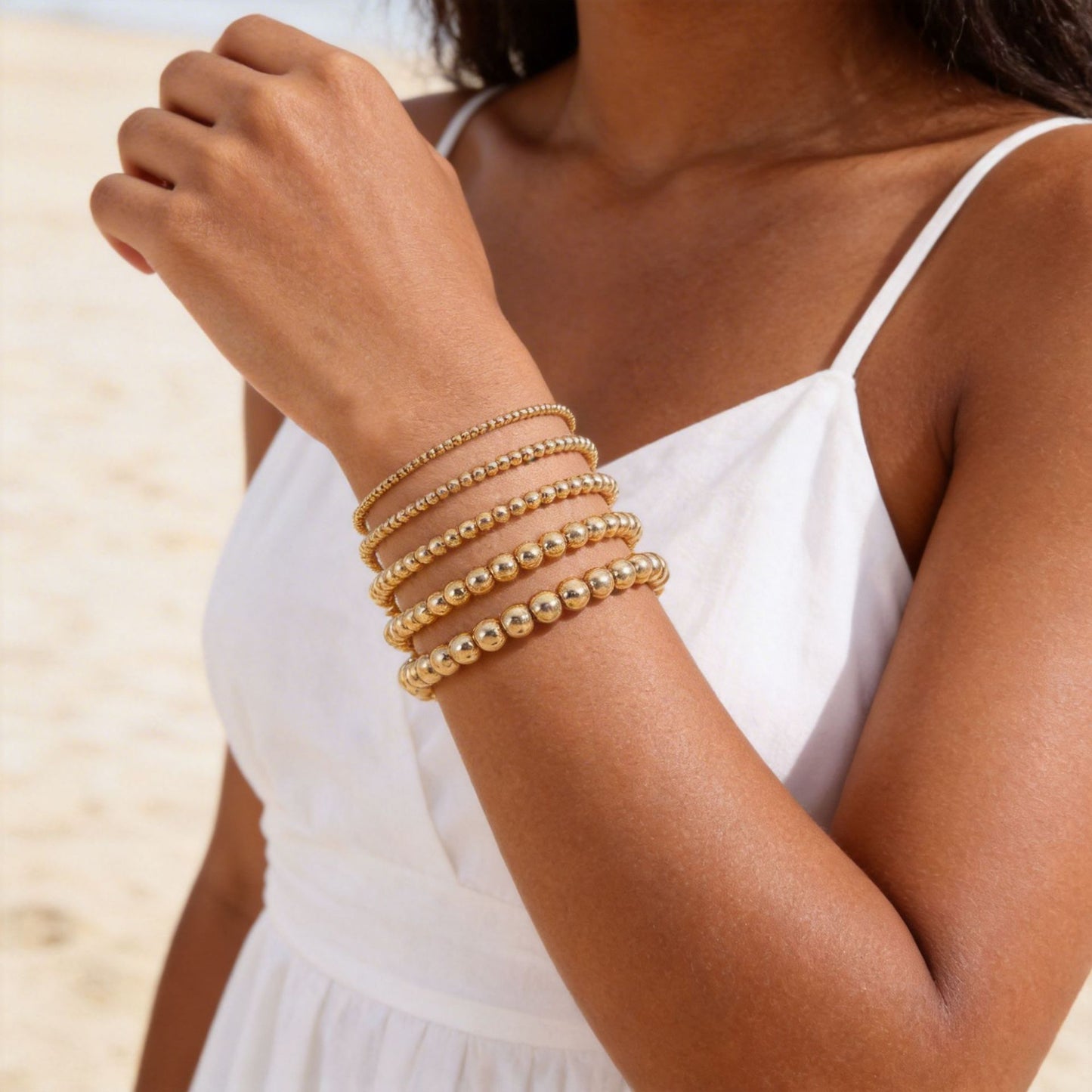 18K Gold Plated Round Brass Bead Stretch Bracelet