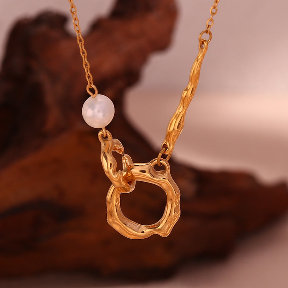 Collana a doppio cerchio con perle asimmetriche minimaliste da donna in acciaio inossidabile placcato oro 18 carati