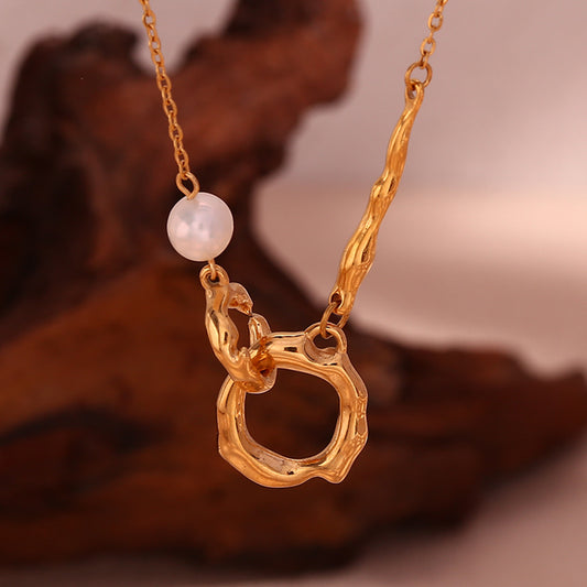 Collar Minimalista Asimétrico de Doble Aro con Perlas para Mujer en Acero Inoxidable con Baño de Oro de 18K