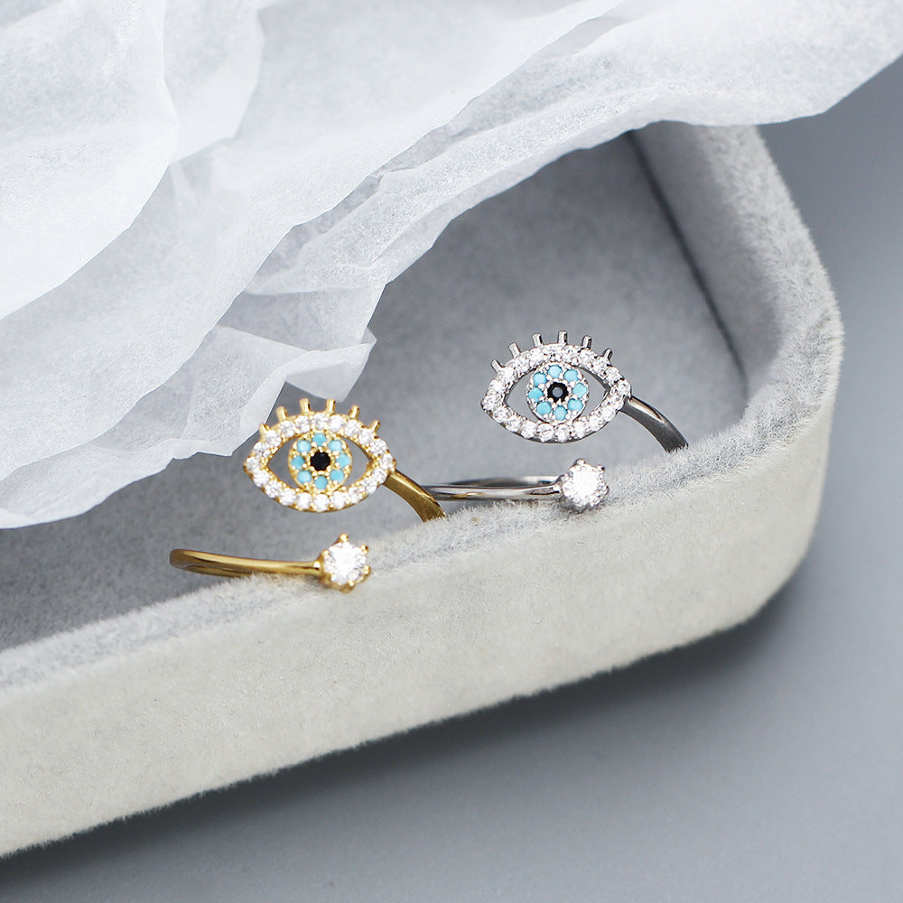 Anello regolabile aperto con placcatura in oro a forma di occhio di demone, in argento sterling 925, per dito indice, stile minimalista