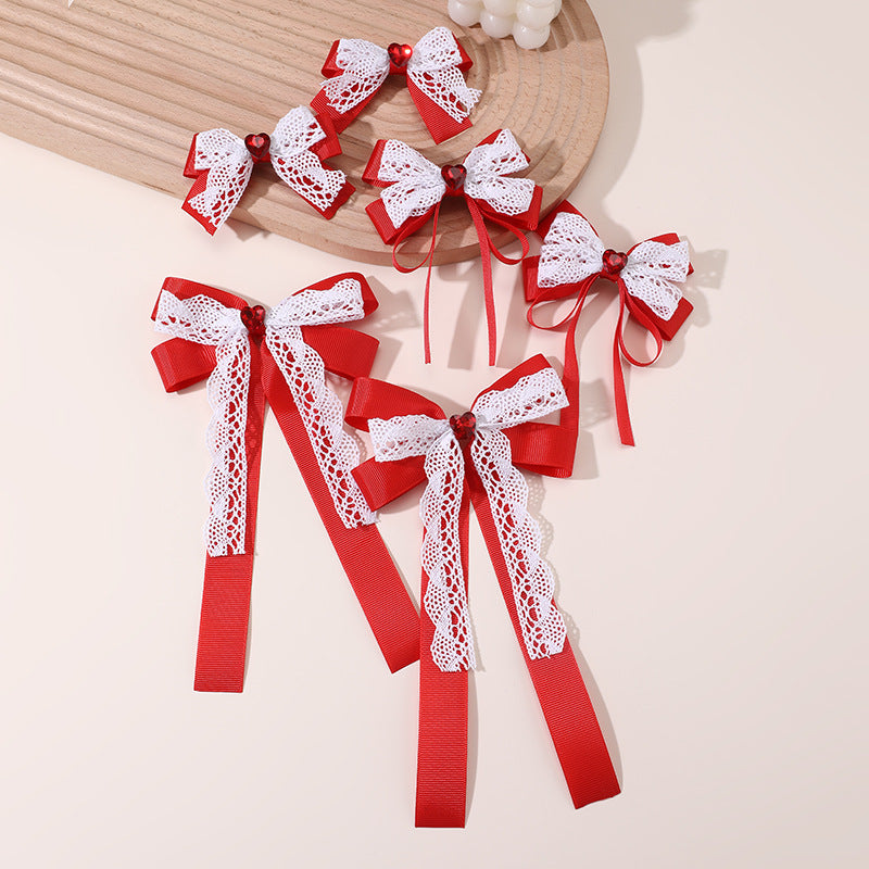 Sweet Cute Bow Hair Clip for Girls with Lace Ribbon and Ruffled Design, Plastic Resin Duckbill Hairpin in Princess Style