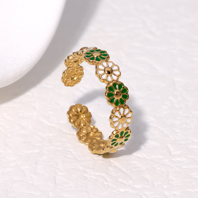 Anello margherita floreale in acciaio inossidabile con finitura placcata da donna, anello regolabile aperto in stile minimalista alla moda