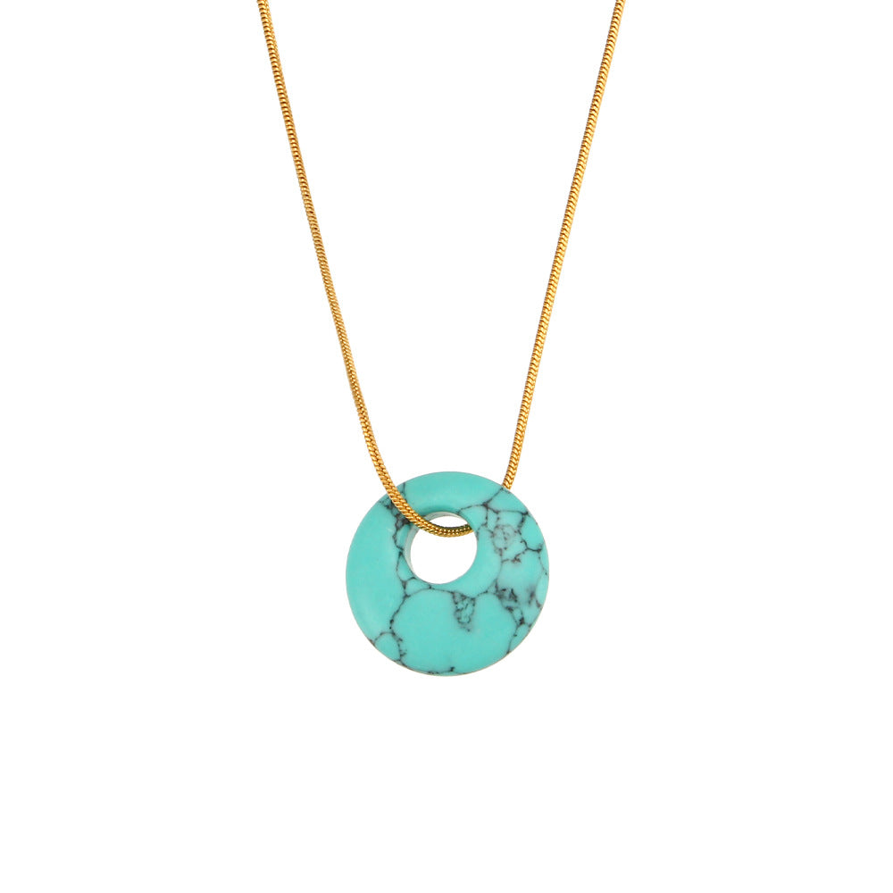 Minimalist Geometric Round Natural Stone Pendant Necklace in Stainless Steel with Plating Finish for Women