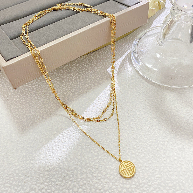 Vintage Ethnic Gold Plated Titanium Steel Round Fu Character Pendant Necklace for Unisex