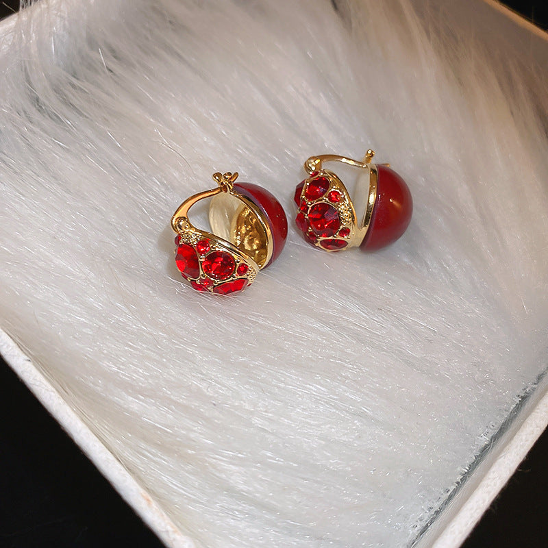 Elegant Geometric Dangle Stud Earrings for Women with Red Tassels, Alloy Base and Gold Plated Finish