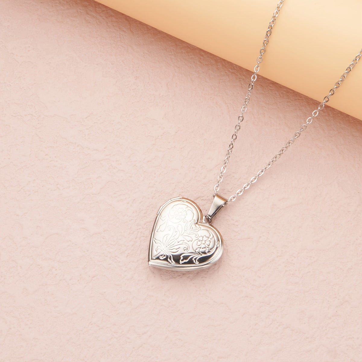 Engraved Floral Heart-Shaped Opening Photo Frame Necklace in Stainless Steel with Gold Plating