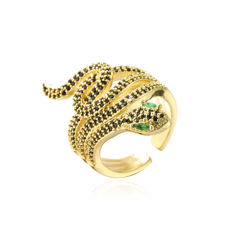 INS Style Geometric Snake Shape Copper Ring with Micro-Pave Zirconia and 18K Gold Plating