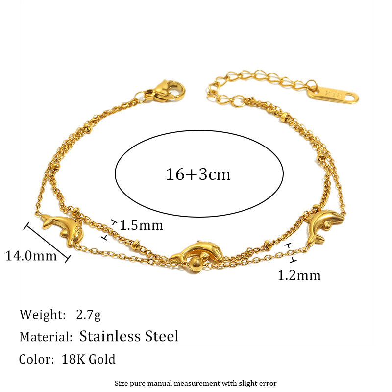 Elegant Ocean-Inspired Dolphin Pendant Necklace in Stainless Steel with 18K Gold Plating, Double-Layer Design with Pearl Accents