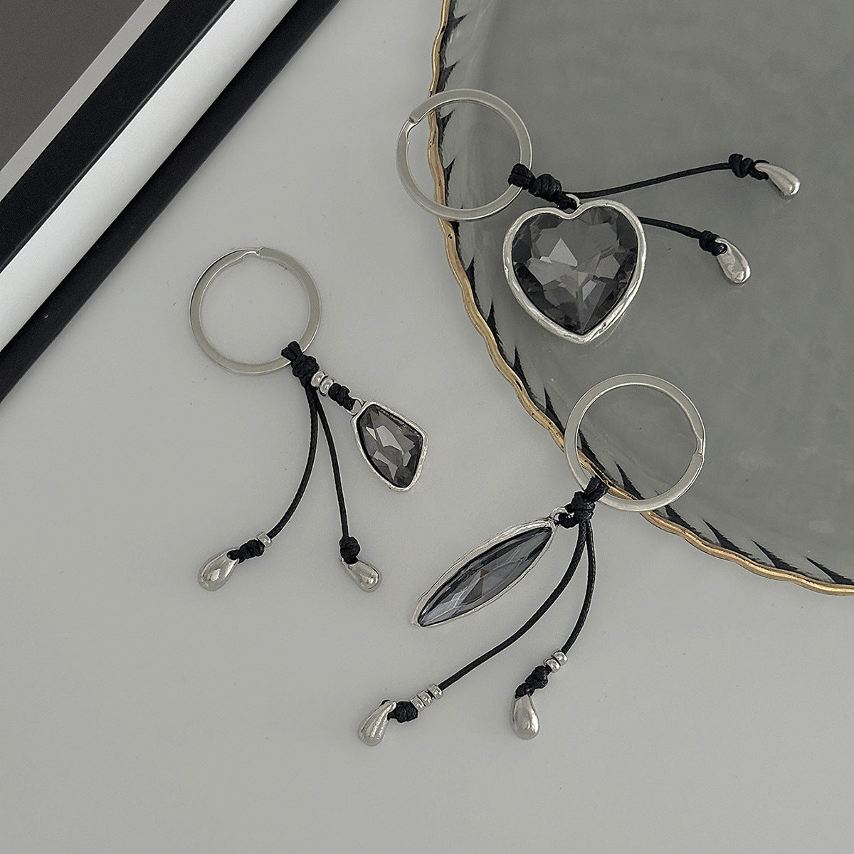 Fashion Plated Alloy Heart Teardrop Acrylic Rhinestone Charm Bar Keychain Bag Chain