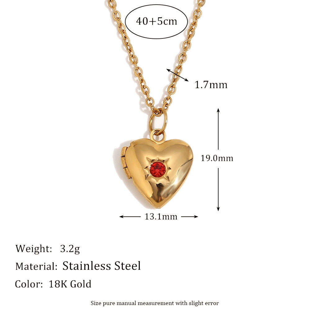Minimalist Heart Locket Necklace with December Birthstone, Stainless Steel & Titanium Steel, 18K Gold Plated