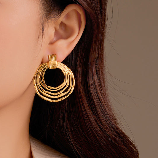 Pendientes de mujer de acero inoxidable con círculo geométrico hueco vintage y acabado chapado