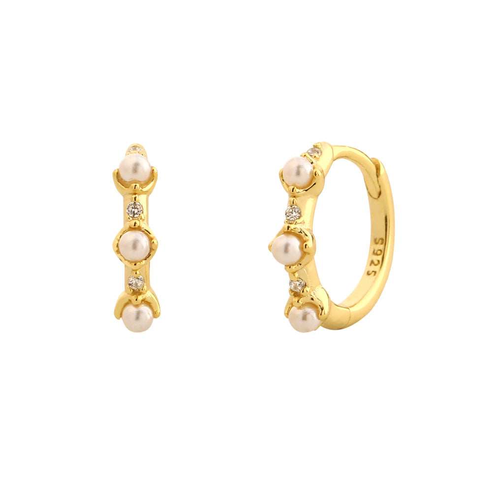 Elegantes pendientes de perlas y diamantes de imitación geométricos de plata de ley 925 con acabado chapado para mujer