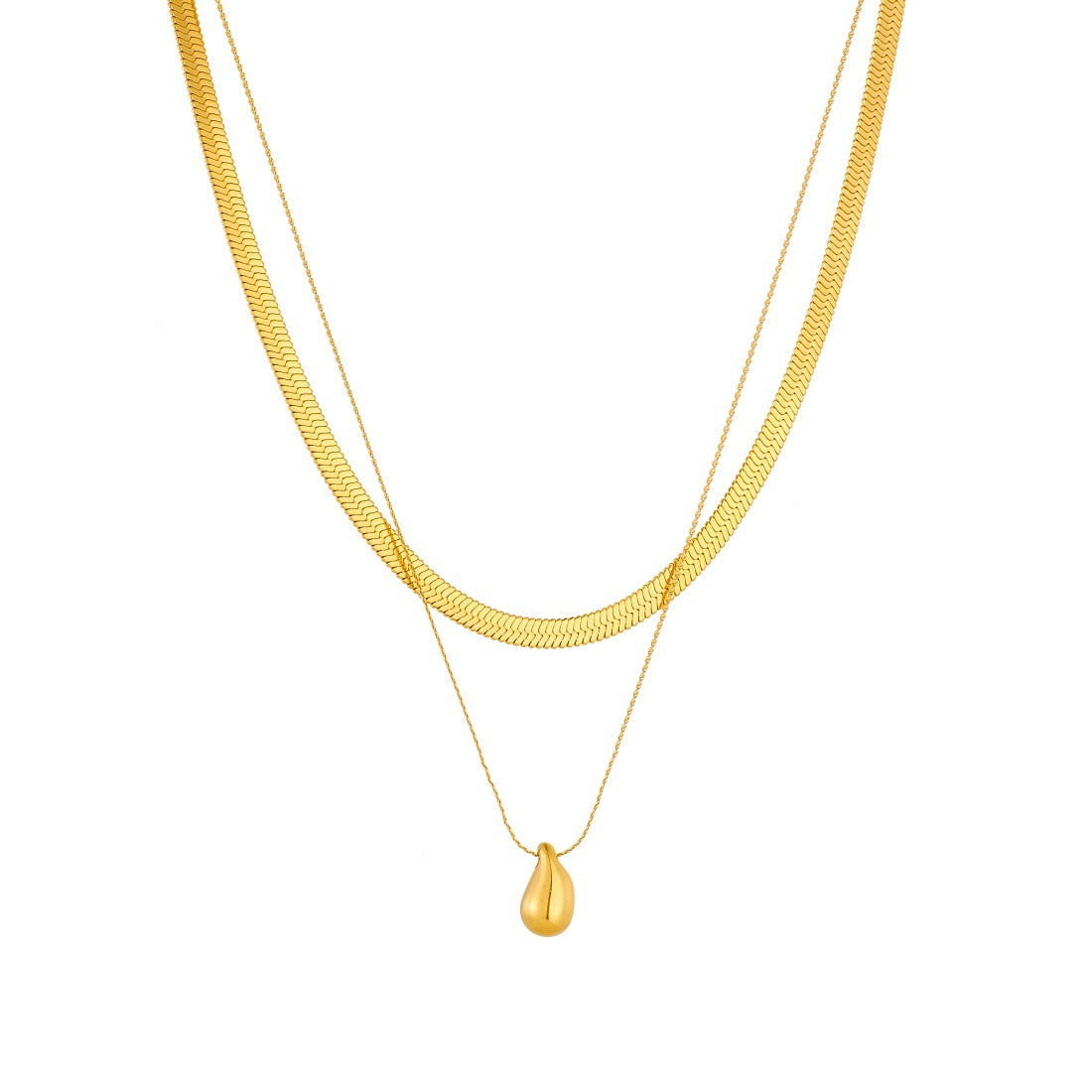 Double Layer Gold Plated Stainless Steel Snake Chain Necklace with Teardrop Pendant