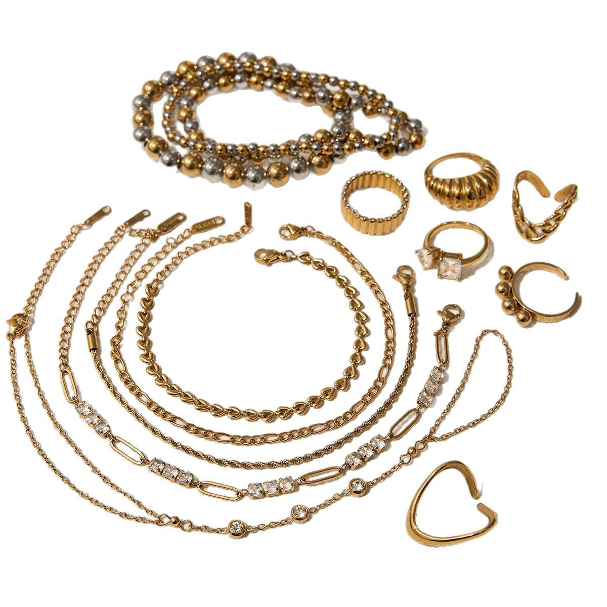 Elegant 18K Gold Plated Geometric Line Cuban Link Chain Bracelet and Ring Set with Cubic Zirconia for Women