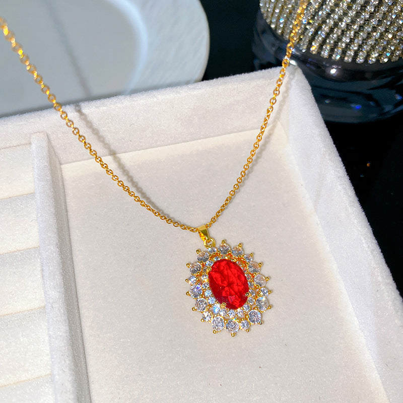 Elegant Sweet Sporty Oval Heart Gold Plated Titanium Steel Necklace with Red Cubic Zirconia Inlay and Brass Pendant