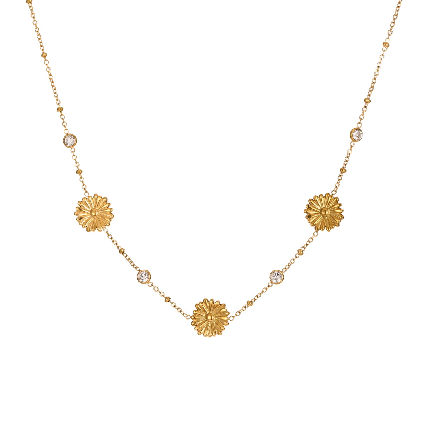 Collana con ciondolo a girasole e margherita alla moda in acciaio al titanio placcato oro 18 carati da donna