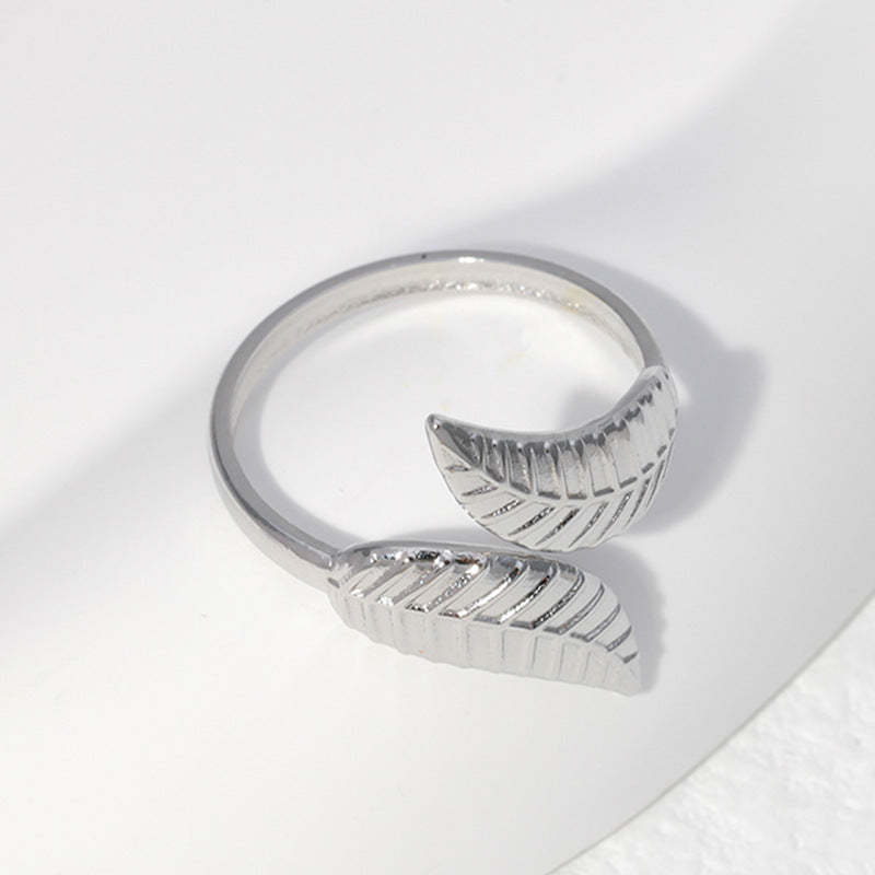 Minimalist Leaf-Shaped Stainless Steel Open Ring for Women with Plated Finish