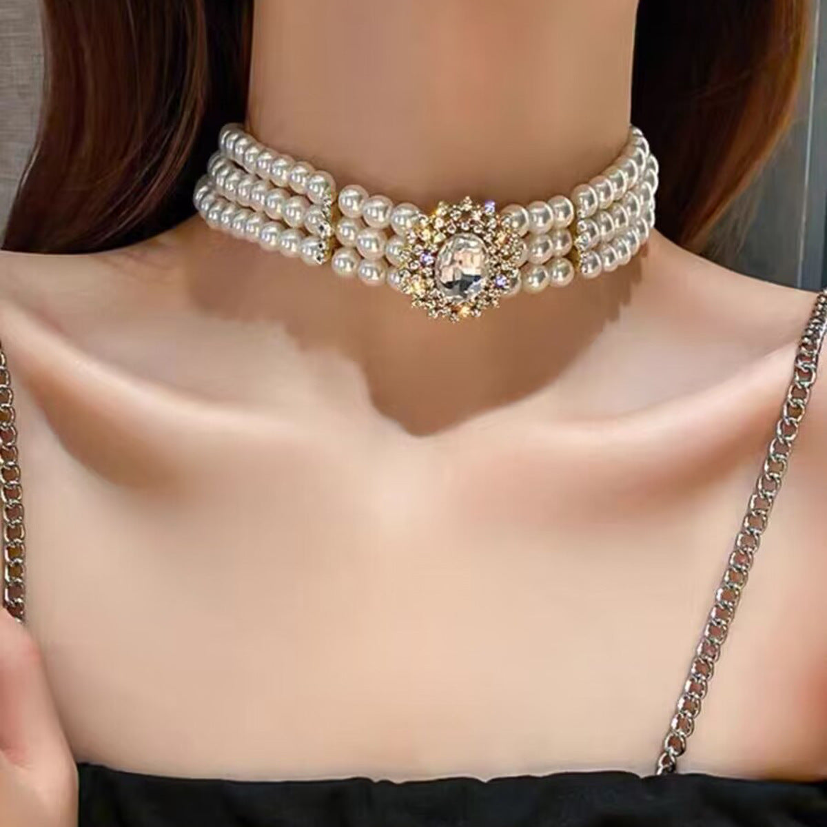 Sweet-Edgy Geometric Pearl and Rhinestone Bracelet with Handcrafted Detailing for Women