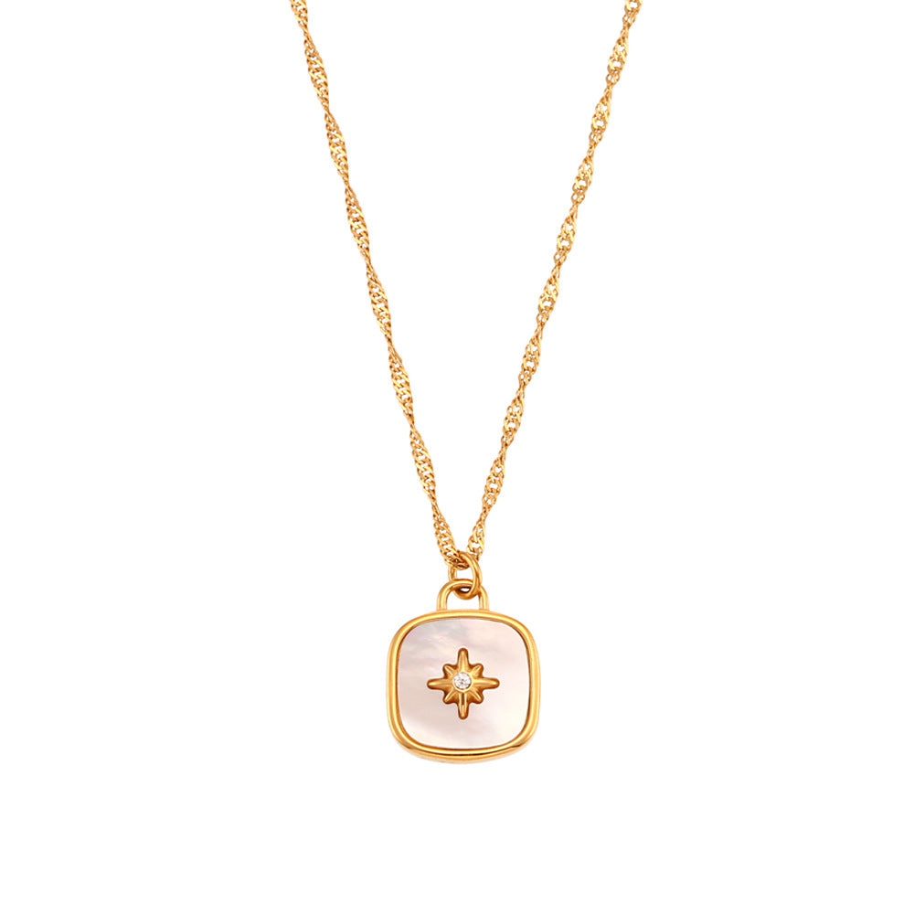 Minimalist Fashion Stainless Steel Octagram Shell Square Pendant Necklace for Women